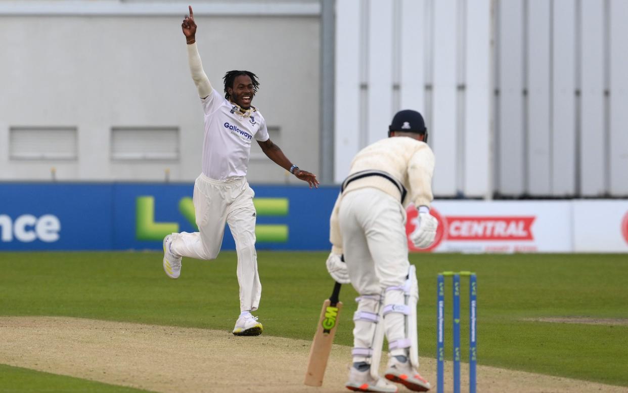 Jofra Archer of Sussex celebrates prematurely as an lbw appeal against Nathan Gilchrist of Kent is turned down during the LV= Insurance County Championship match between Sussex and Kent at The 1st Central County Ground on May 13, 2021 in Hove, England. - GETTY IMAGES