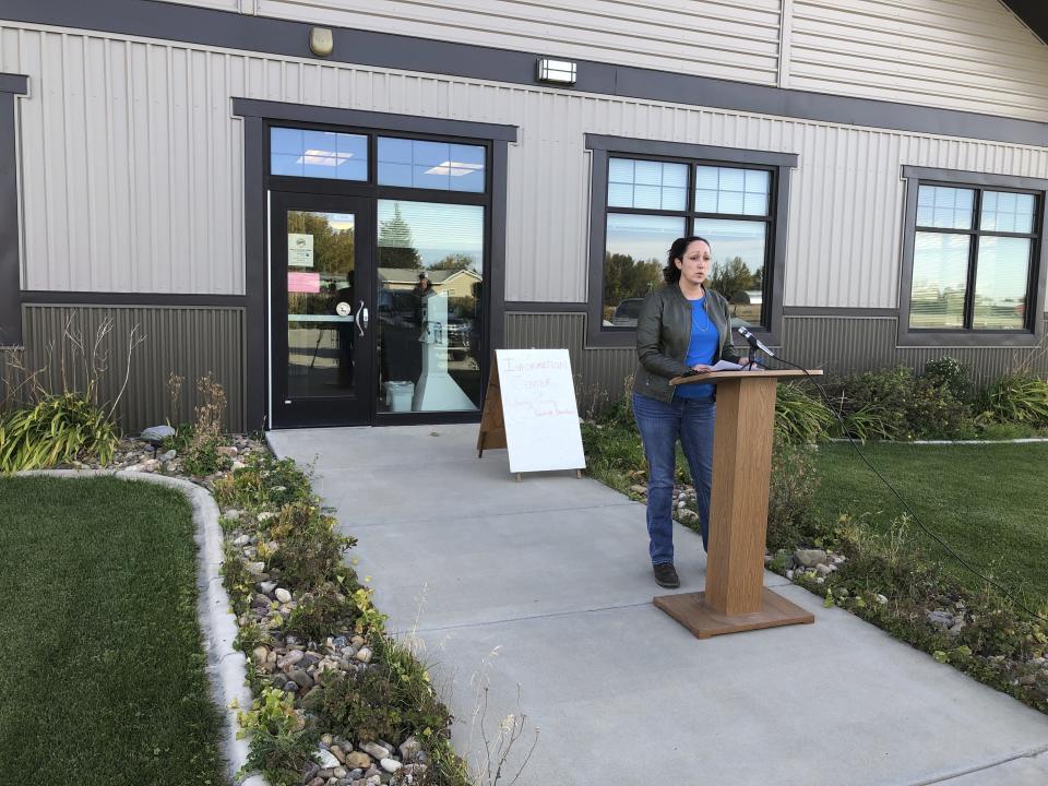 Sarah Robbin, Disaster and Emergency Services coordinator for Liberty County, speaks about the Amtrak derailment at a press conference in Chester, Montana on Sunday, Sept. 26, 2021. (Amy Beth Hanson)