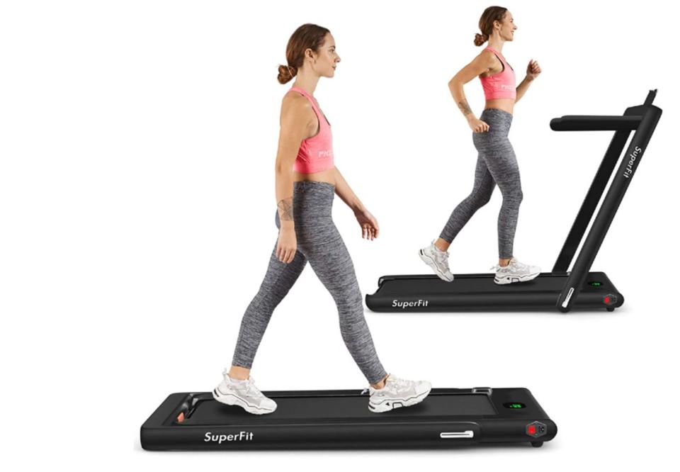 Run with the riser up or switch it down if you want to walk. It also doesn't make a lot of noise, so your neighbors won't hear every step you take.<br /><br /><strong>Promising review:</strong> "This treadmill is awesome! I have a standing desk and while standing is great, I just am not finding the time or motivation to go out and exercise lately. This treadmill works great under my desk, and when I'm not working my wife can raise my desk a bit higher, put the arm up and she can run on it at high speed (arm down it goes from 0.1 to 4 mph, with the arm up it goes from 0.1 to 12 mph). I teach online classes from my desk and I walk at 1.7 mph while teaching." &mdash; <a href="https://amzn.to/33XzBKt" target="_blank" rel="nofollow noopener noreferrer" data-skimlinks-tracking="5850192" data-vars-affiliate="Amazon" data-vars-href="https://www.amazon.com/gp/customer-reviews/R3QI44MIO0D7K7?tag=bfgenevieve-20&amp;ascsubtag=5850192%2C14%2C26%2Cmobile_web%2C0%2C0%2C16312188" data-vars-keywords="cleaning,fast fashion" data-vars-link-id="16312188" data-vars-price="" data-vars-product-id="20924983" data-vars-product-img="" data-vars-product-title="" data-vars-retailers="Amazon">Amazon Customer<br /><br /></a><a href="https://amzn.to/2RhDSpJ" target="_blank" rel="noopener noreferrer"><strong>Get it from Amazon for $399.99+ (available in seven colors).</strong></a>
