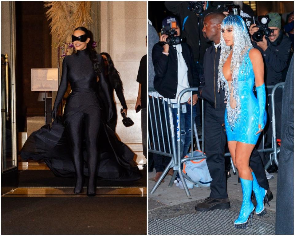 Kim Kardashian's Met Gala 2021 after-party look (left) and her Met Gala 2019 after-party look (right).
