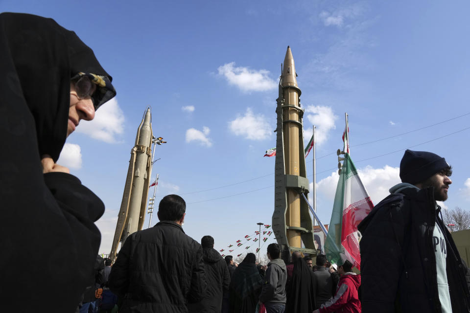 Iran's domestically built missiles are displayed during the annual rally commemorating Iran's 1979 Islamic Revolution, in Tehran, Iran, Saturday, Feb. 11, 2023. Iran on Saturday celebrated the 44th anniversary of the 1979 Islamic Revolution amid nationwide anti-government protests and heightened tensions with the West. (AP Photo/Vahid Salemi)