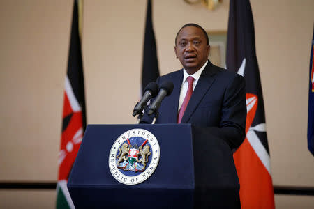 Kenya's President Uhuru Kenyatta delivers a statement to members of the media at the State House in Nairobi, Kenya September 21, 2017. REUTERS/Baz Ratner