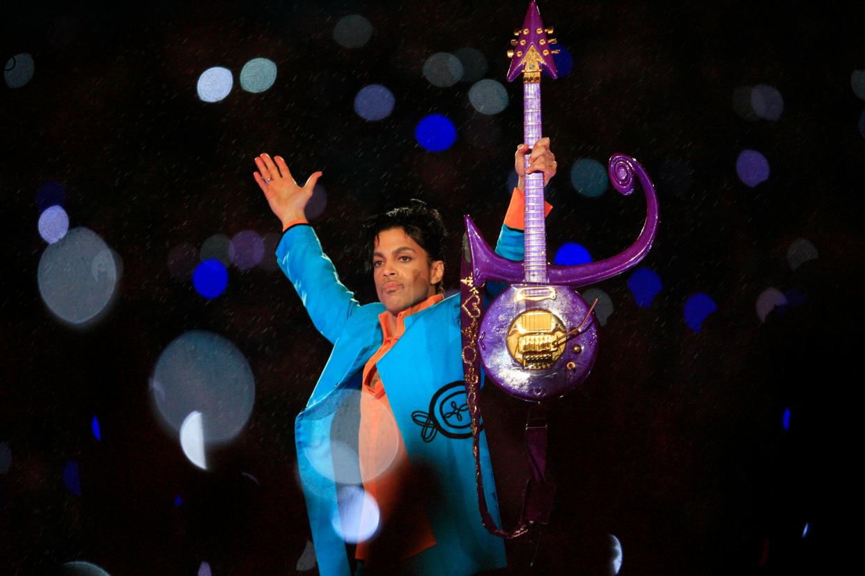 Prince performs during the Super Bowl halftime show on Feb. 4, 2007.