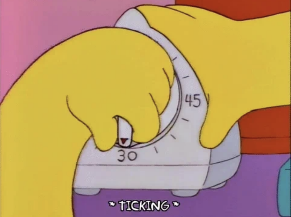 A close-up illustration from The Simpsons shows hands adjusting a timer to 30 minutes. Caption reads "*TICKING*"