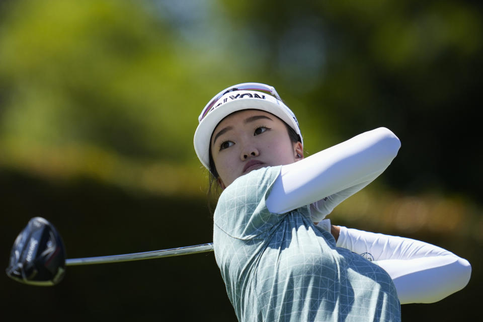 Grace Kim hits from the second tee during the third round of the LPGA's JM Eagle LA Championship golf tournament at Wilshire Country Club, Saturday, April 27, 2024, in Los Angeles. (AP Photo/Ashley Landis)