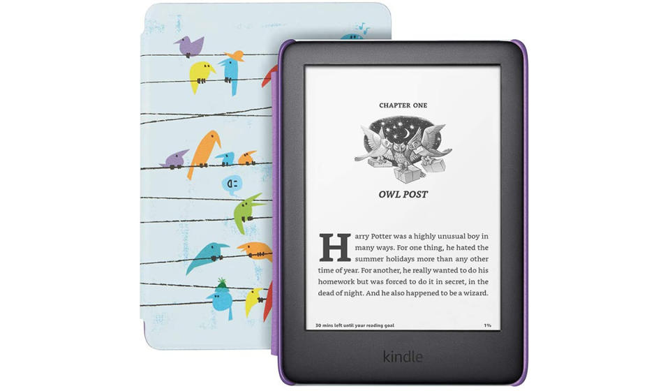 An Amazon e-reader and a colorful cover with a bird motif