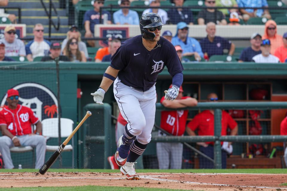 Detroit Tigers right fielder Austin Meadows bats during the first inning against the Washington Nationals in Lakeland, Florida, March 8, 2023.