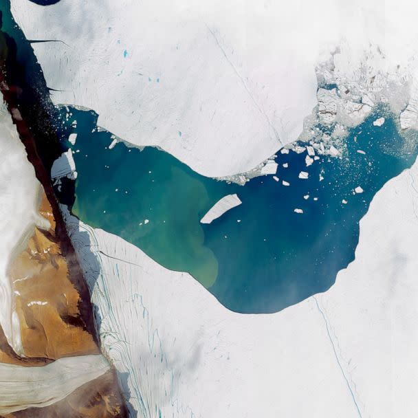 PHOTO: This is a satellite image of a massive iceberg calving from the Petermann Glacier in Greenland, collected on July 19, 2012. (DigitalGlobe via Getty Images)