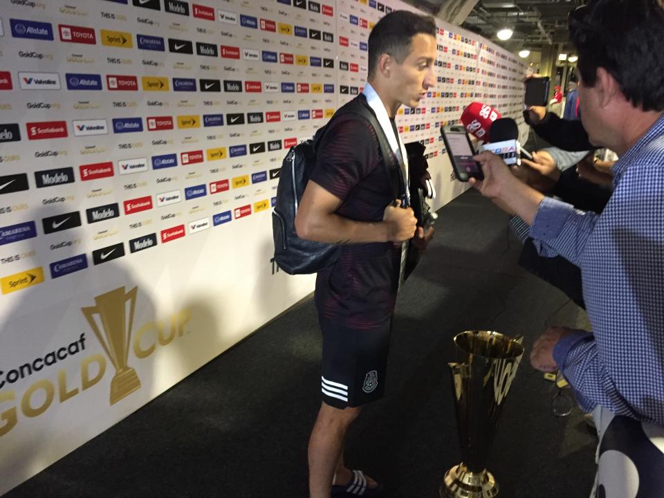 Andres Guardado in the postgame interview mixed zone. (Henry Bushnell/Yahoo Sports)