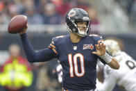 Chicago Bears quarterback Mitchell Trubisky (10) throws during the first half of an NFL football game against the New Orleans Saints in Chicago, Sunday, Oct. 20, 2019. (AP Photo/Michael Conroy)