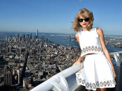 <p>In 2014, <a href="https://people.com/celebrity/taylor-swift-photos-taylor-swift-25th-birthday/?slide=2289683#2289683" rel="nofollow noopener" target="_blank" data-ylk="slk:Swift hosted a live stream at the Empire State Building;elm:context_link;itc:0;sec:content-canvas" class="link ">Swift hosted a live stream at the Empire State Building</a> where she announced her fifth studio album, <em>1989</em>. The choice of location was fitting, seeing as the first track on the album is "Welcome to New York." </p>