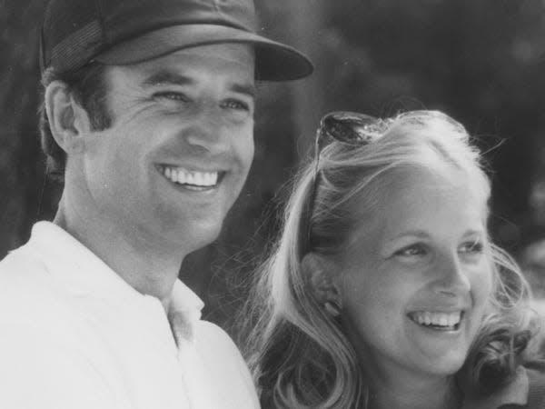 A black and white photo of Joe and Jill Biden in the early days of their relationship.