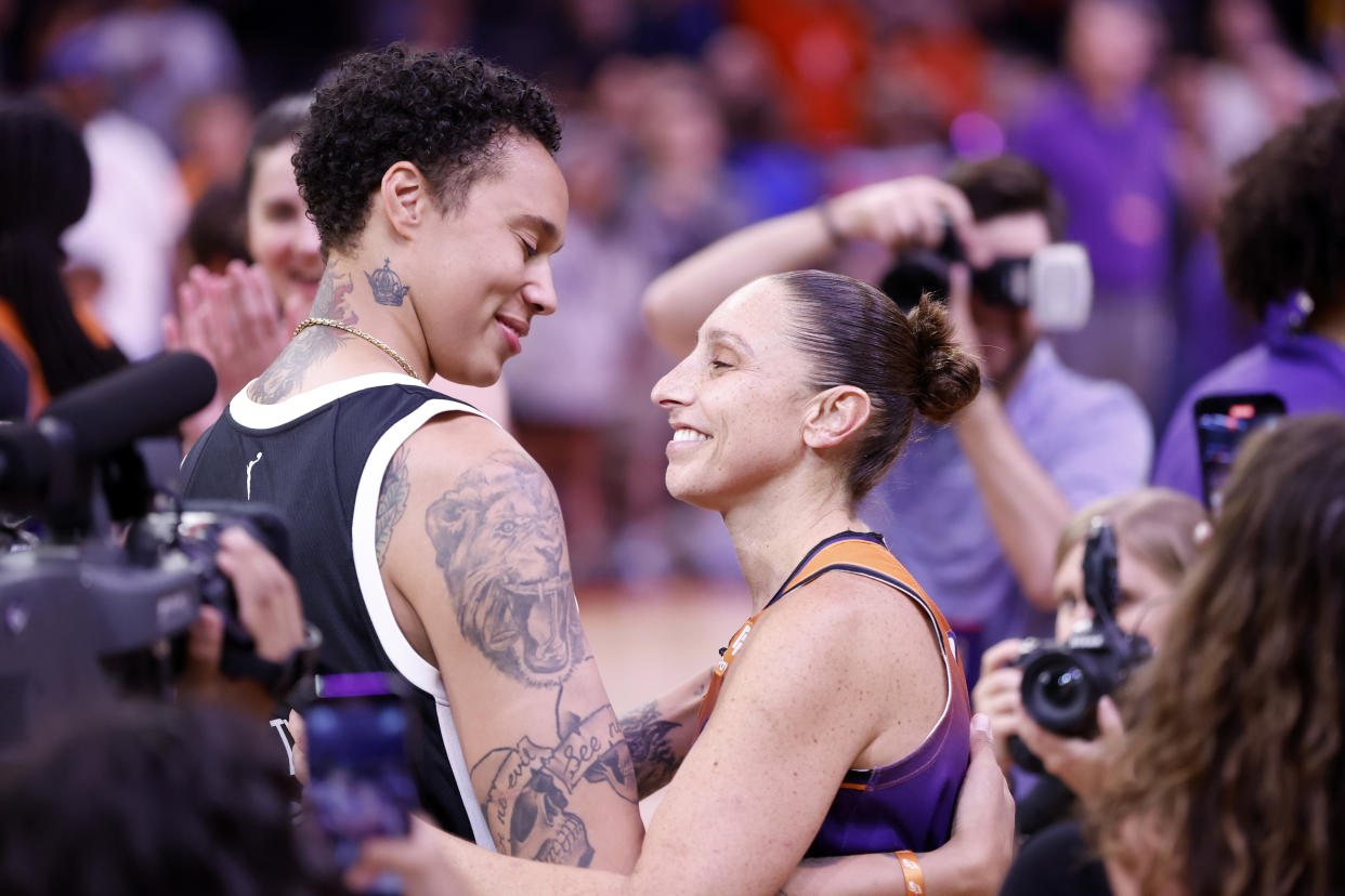 Brittney Griner (left) and Diana Taurasi have played together on the Mercury since 2013. (Photo by Chris Coduto/Getty Images)