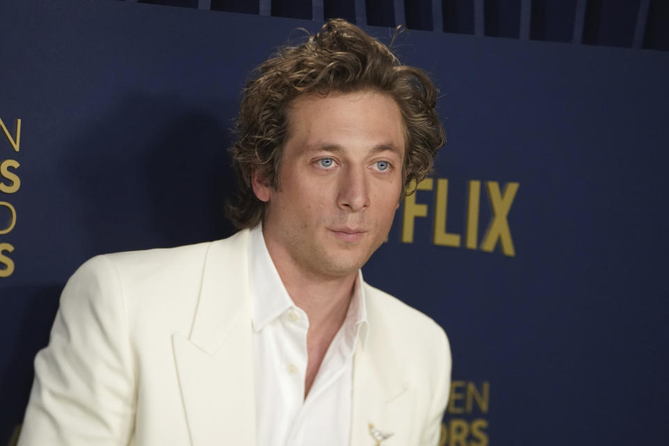 Jeremy Allen White arrives at the 30th annual Screen Actors Guild Awards on Saturday, Feb. 24, 2024, at the Shrine Auditorium in Los Angeles. (Photo by Jordan Strauss/Invision/AP)
