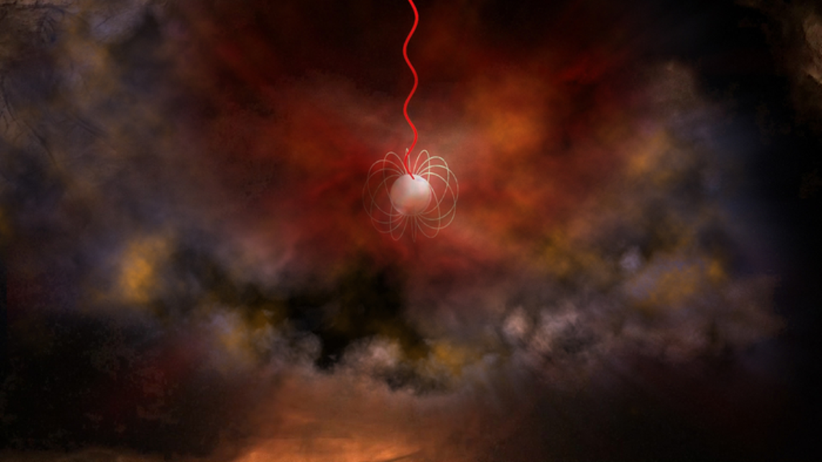 Artist's conception of a neutron star with an ultra-strong magnetic field, called a magnetar, emitting radio waves (red). Magnetars are a leading candidate for what generates Fast Radio Bursts. (Bill Saxton, NRAO/AUI/NSF)