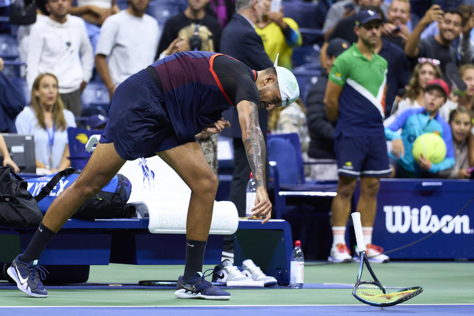 Nick Kyrgios, pictured here smashing two racquets after his loss at the US Open.