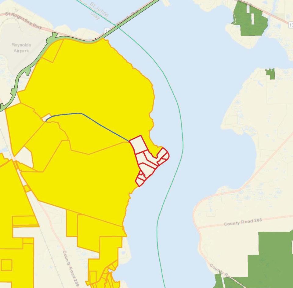 The St. Johns River Water Management District is paying about $1.4 million for 101 acres of unevenly shaped real estate parcels inside the agency's J.P. Hall Bayard Point Conservation Area (in yellow) off U.S. 17 near the Shands Bridge in Clay County. A few outparcels will remain privately owned.