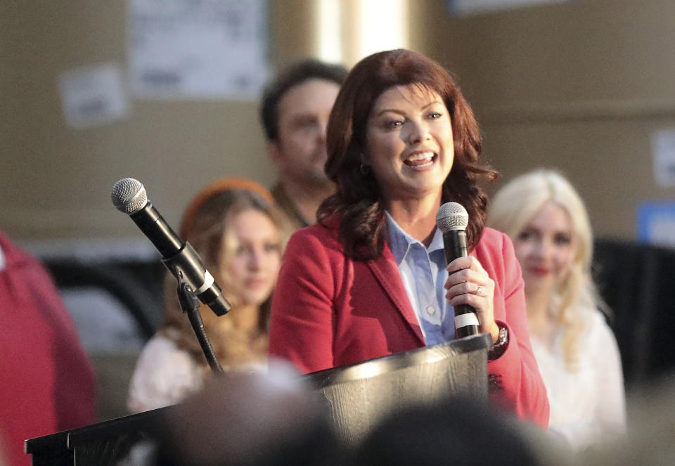 Former Wisconsin Lt. Gov. Rebecca Kleefisch announces her candidacy for office of Governor at Western States Envelope Company in Butler, Wis., Thursday, Sept. 9, 2021. Kleefisch is seeking to take on Gov. Tony Evers next year in a top race for Republicans who control the Wisconsin Legislature but have been blocked by the Democratic incumbent. (John Hart/Wisconsin State Journal via AP)