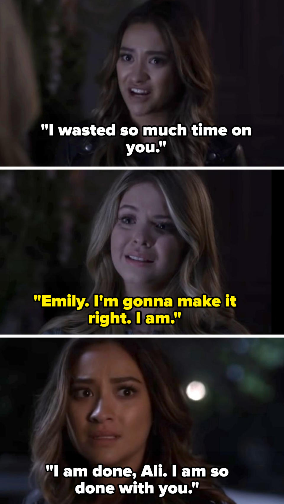 Shay Mitchell and Sasha Pieterse, from the show Pretty Little Liars, appear in a serious and emotional conversation in three different scenes
