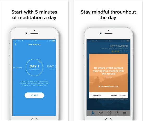 The <a href="http://themindfulnessapp.com/" target="_blank">Mindfulness</a> app provides timed meditations from three to 30 minutes long. It also has customized reminders to keep you mindful throughout the day. You can get a premium subscription for $9.99 for one month or $59.99 for the year with one month's free trial included. Premium subscribers will gain access to more than 200 guided meditations on topics like calmness, focus and relationships. The app can be downloaded on an iPhone, iPad and Android.