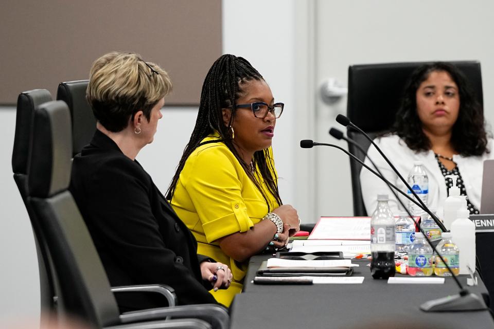 Coilumbus City Schools Superintendent Angela Chapman speaks Tuesday during a meeting of the school board where her Community Facilities Task Force presented their final recommendations for closing nine schools and realigning grades at four others.