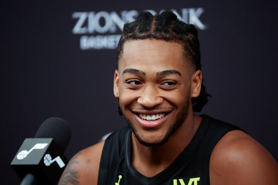 Forward Brice Sensabaugh talks to members of the media during Utah Jazz media day at the Zions Bank Basketball Center in Salt Lake City on Monday, Oct. 2, 2023. | Kristin Murphy, Deseret News