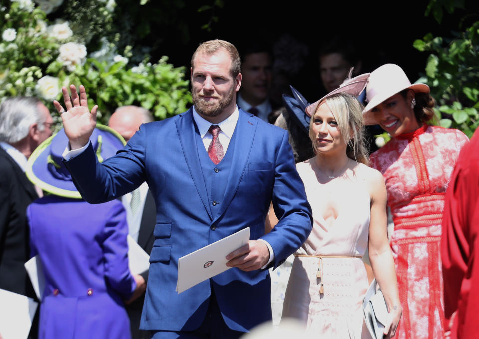 WINDSOR, ENGLAND - MAY 19:  James Haskell and Chloe Madeley arrives at the wedding of Prince Harry to Ms Meghan Markle at St George's Chapel, Windsor Castle on May 19, 2018 in Windsor, England. Prince Henry Charles Albert David of Wales marries Ms. Meghan Markle in a service at St George's Chapel inside the grounds of Windsor Castle. Among the guests were 2200 members of the public, the royal family and Ms. Markle's Mother Doria Ragland.  (Photo by Chris Jackson/Getty Images)