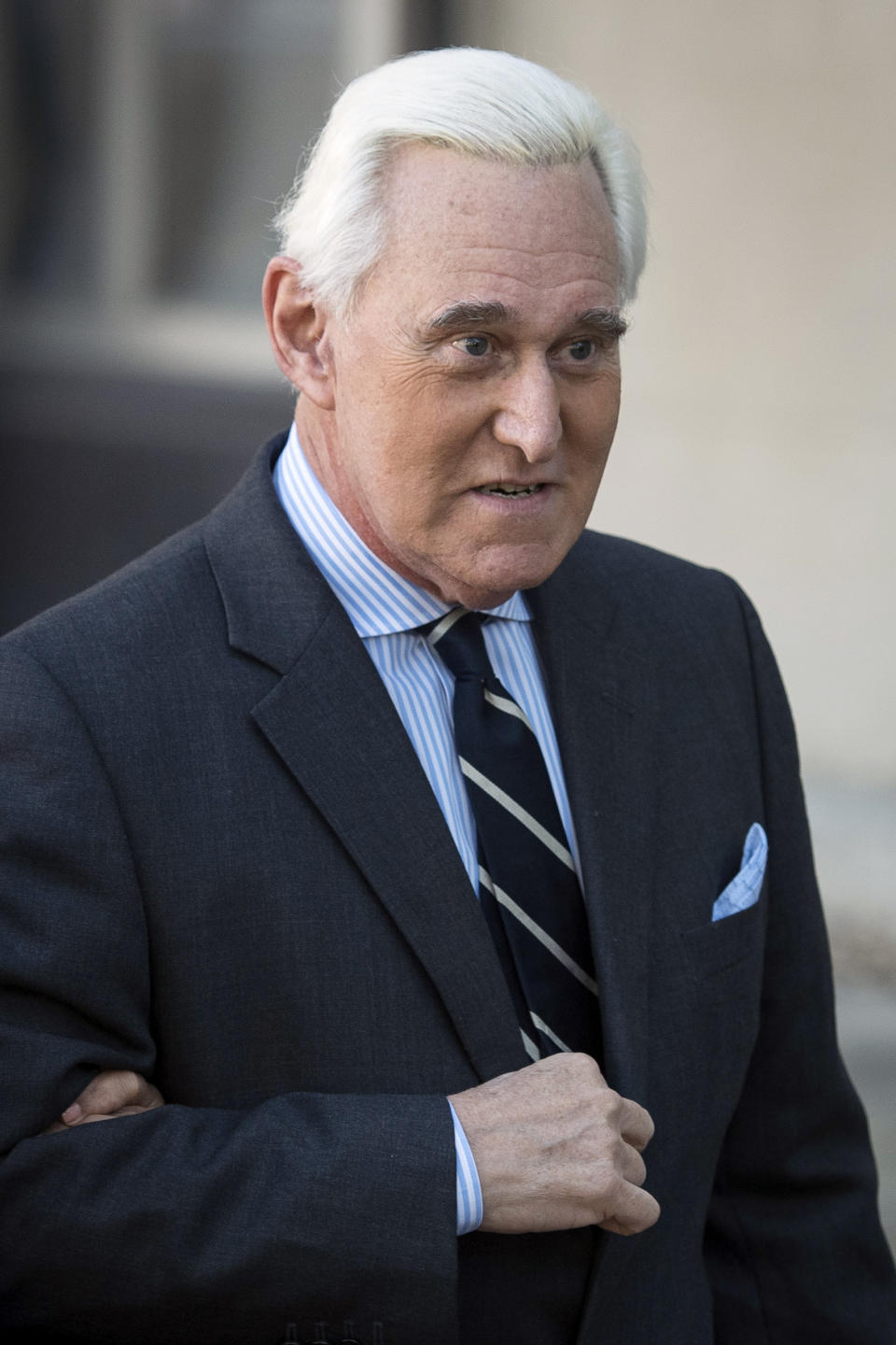 Roger Stone arrives at Federal Court for the second day of jury selection for his federal trial, in Washington, Wednesday, Nov. 6, 2019. (AP Photo/Cliff Owen)