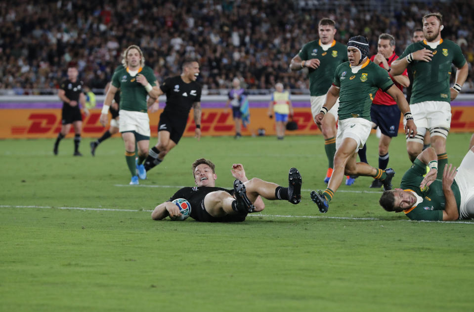 New Zealand's George Bridge scores a try during the Rugby World Cup Pool B game between New Zealand and South Africa in Yokohama, Japan, Saturday, Sept. 21, 2019. (AP Photo/Shuji Kajiyama)