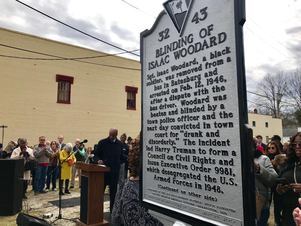 FILE - In this Feb. 9, 2019, file photo, the Blinding of Isaac Woodard historical marker was dedicated in Batesburg-Leesville, S.C. Videos of Lt. Caron Nazario, a Black and Latino Army lieutenant who was pepper sprayed and handcuffed during a traffic stop in rural Virginia, have been viewed millions of times. Thousands of Black men who served in the Civil War, World War I, and World War II were targeted because of their service and threatened, assaulted or lynched, according to a 2017 Equal Justice Initiative report. Woodard, a uniformed World War II veteran was headed home on a bus in 1946, when he was removed and beaten by a white South Carolina police chief, leaving Woodard permanently blind. (AP Photo/Christina Myers, File)