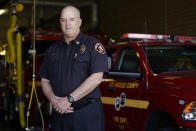 Fire Battalion Chief Dean Douty of Los Angeles County Fire Department - Station 106 poses for a photo at his station Friday, Feb. 26, 2021, in Rancho Palos Verdes, Calif, a suburb of Los Angeles. He was among first responders at the scene of a vehicle crash involving golfer Tiger Woods on Tuesday. (AP Photo/Ashley Landis)