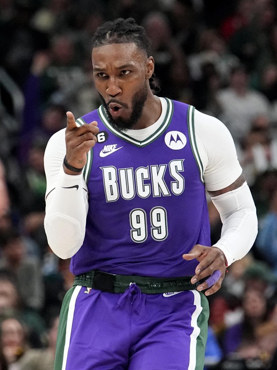 Milwaukee Bucks forward Jae Crowder (99) reacts after hitting a three-point basket during the second half of their game Friday, February 24, 2023 at Fiserv Forum in Milwaukee Wis. The Milwaukee Bucks beat the Miami Heat 128-99.