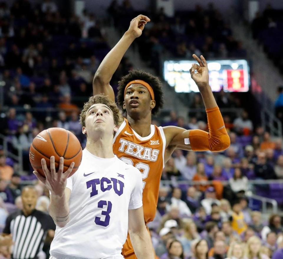 TCU guard Francisco Farabello (3) puts a shot up in front of Texas forward Kai Jones (22) in the second half of a NCAA basketball game at Schollmaier Arena in Fort Worth, Texas, Jan. 29, 2020. Texas defeated TCU 62-61. (Special to the Star-Telegram Bob Booth)