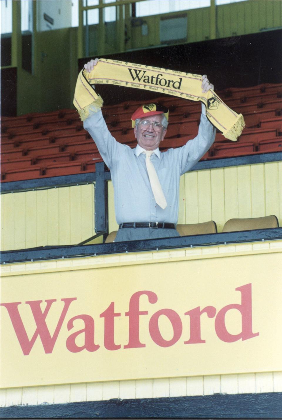 Petchey at Vicarage Road, home of Watford FC, after buying the club from Elton John in 1990