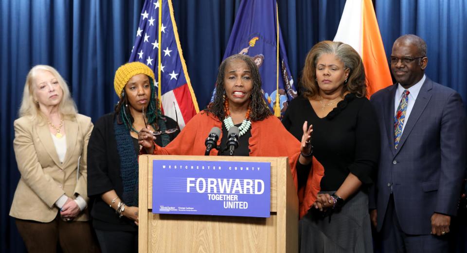 Sister to Sister, International Founder Cheryl Brannan delivers remarks during the announcement of the Westchester County Black maternal child health initiative, at the county office building in White Plains, Feb. 8, 2023. It's a partnership with the Westchester County Health Department, Lower Hudson Valley Perinatal Network, Birth from The Earth and Saint John’s Riverside Hospital. The program will strive to improve Black Maternal and Child Health Outcomes in Westchester County.