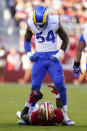 Los Angeles Rams linebacker Leonard Floyd (54) looks down after tackling San Francisco 49ers running back Jeff Wilson Jr. during the first half of an NFL football game in Santa Clara, Calif., Monday, Oct. 3, 2022. (AP Photo/Godofredo A. Vásquez)