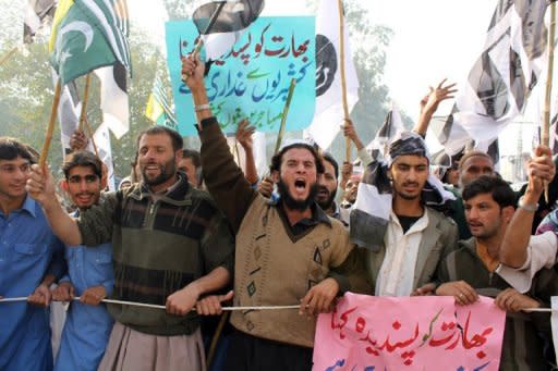 Members of Pakistan's banned Islamist groups including Jamaat-ud-Dawa, Jaish-e-Mohammad and Lashkar-e-Taiba, demonstrate in Kashmir last month against plans to step up trade with India