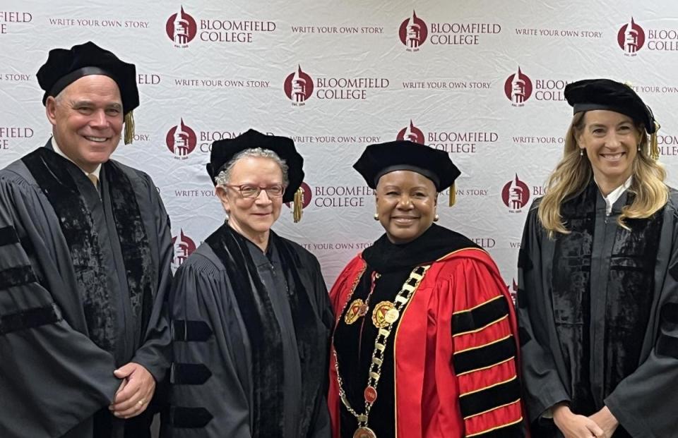 Bloomfield College awarded three honorary doctoral degrees at its 150th commencement ceremony on May 20, 2023. From left Journalist James D. Axelrod, Assemblywoman Mila M. Jasey, college president Marcheta P. Evans, and U.S. Congresswoman Mikie Sherrill.