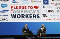 Ivanka Trump, right, the daughter and senior adviser to U.S. President Donald Trump, answers a question as she is interviewed by Gary Shapiro, left, CEO of the Consumer Technology Association, during the CES tech show Tuesday, Jan. 7, 2020, in Las Vegas. (AP Photo/Ross D. Franklin)