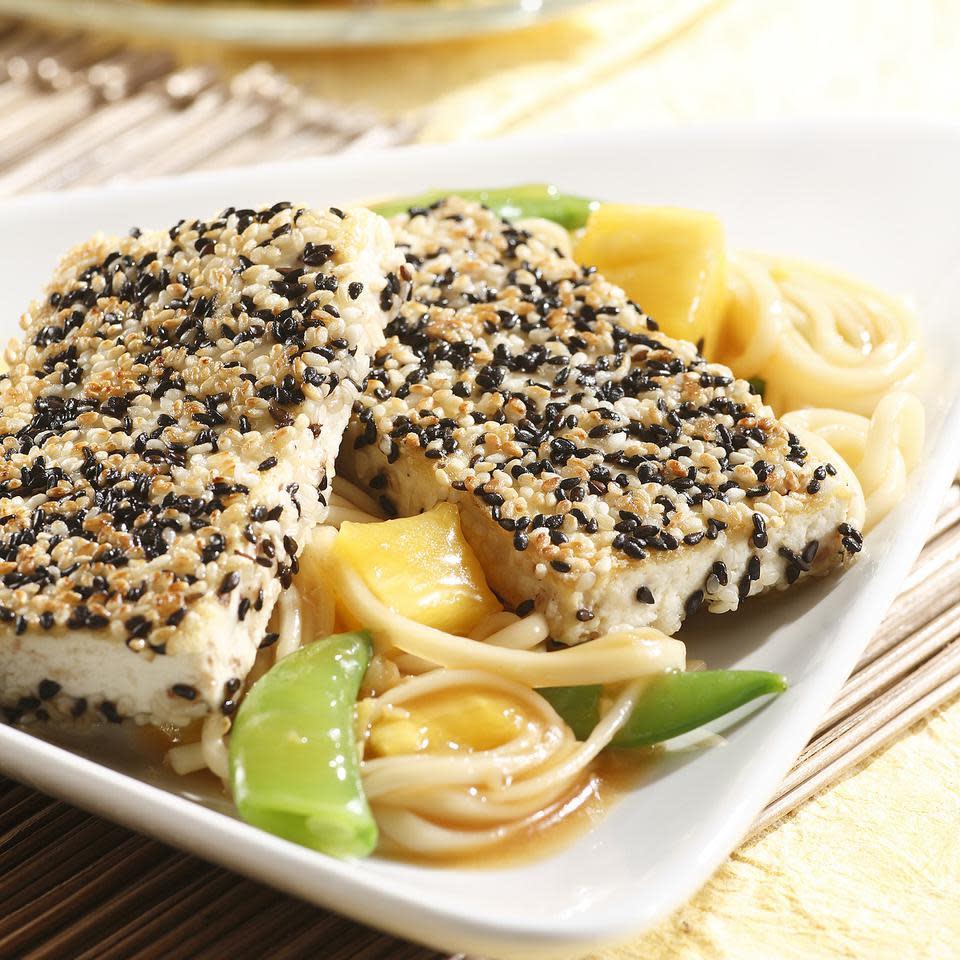 Sesame-Crusted Tofu with Spicy Pineapple Noodles