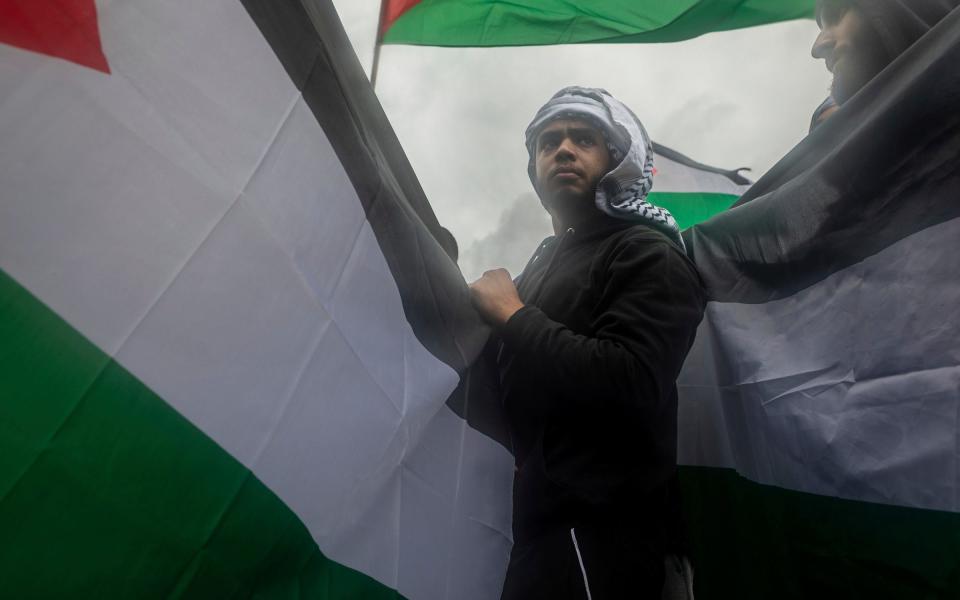 A young man holds a Palestinian flag during the All Out for Palestine rally, organized by the Palestinian Youth Movement (PYM) and local chapters of Students for Justice in Palestine (SJP) in Dearborn on Saturday, Oct. 14, 2023.