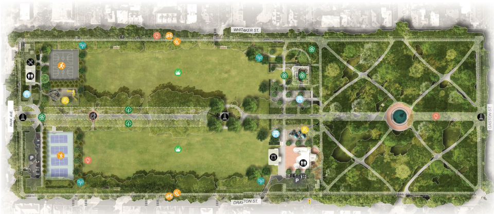 The final Forsyth Park design proposed by Friends of Forsyth. The plan includes new restroom facilities, additional gardens, gathering spaces and a bike path around the perimeter of the park.