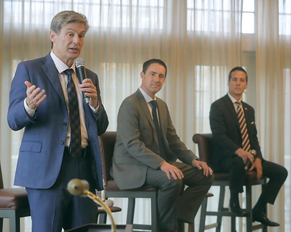 Debating GOP contenders for the U.S. Senate include State Senator Matt Dolan, Secretary of State Frank LaRose, and luxury car salesman Bernie Moreno on Thursday, Oct. 26, 2023, in Akron, Ohio, at Portage Country Club. [Phil Masturzo/ Beacon Journal]