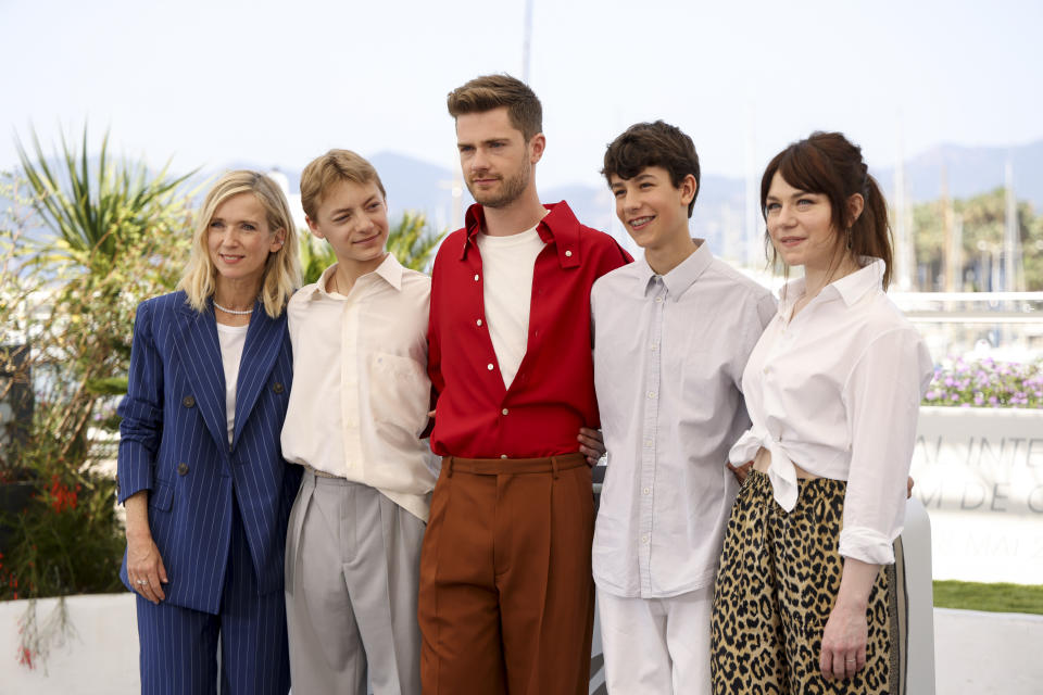 FILE - Lea Drucker, from left, Eden Dambrine, director Lukas Dhont, Gustav De Waele, and Emilie Dequenne pose for photographers at the photo call for the film "Close" at the 75th international film festival, Cannes, southern France, on May 27, 2022. The film is nominated for an Oscar for best international film. (Photo by Vianney Le Caer/Invision/AP, File)