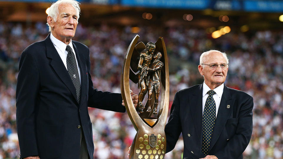 Norm Provan and Arthur Summons, pictured here with the trophy before the 2013 NRL Grand Final.