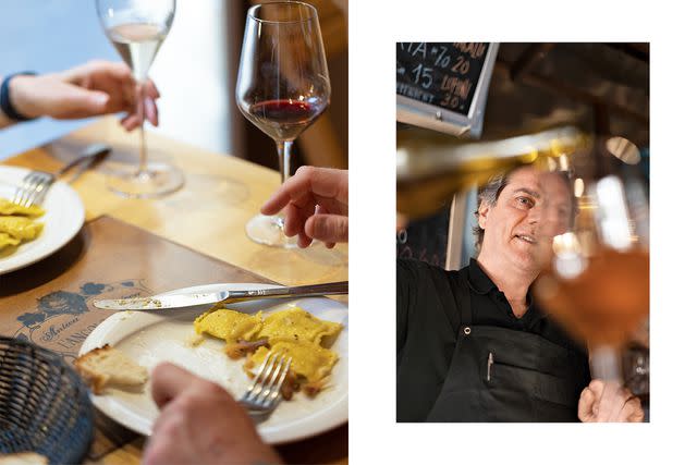 <p>Camilla Glorioso</p> From left: Ravioli (and wine) for lunch at L'Angolo Divino; L'Angolo Divino owner Massimo Crippa pouring a glass.