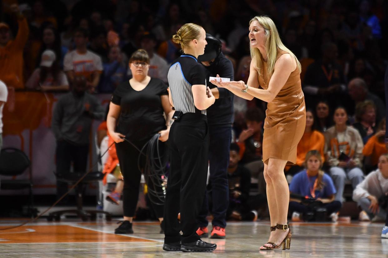 Tennessee basketball coach Kellie Harper pleads with an official during an NCAA college basketball game against LSU on February 25, 2024 in Knoxville, Tenn.