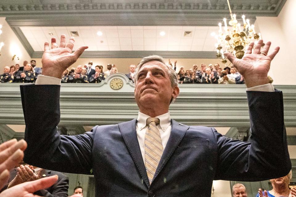 Governor John Carney delivers the State of the State address in the House or Senate chamber of Legislative Hall in Dover, Thursday, Jan. 19, 2023. Much of the governor's speech focused on education, including pay increases for teachers.