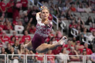 Oklahoma's Jordan Bowers competes in the floor exercise during the NCAA women's gymnastics championships in Fort Worth, Texas, Thursday, April 18, 2024. (AP Photo/Tony Gutierrez)