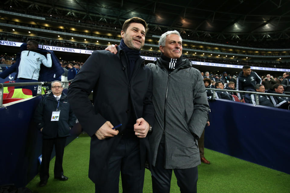 LONDON, ENGLAND - JANUARY 31:  Mauricio Pochettino, Manager of Tottenham Hotspur and Jose Mourinho, Manager of Manchester United speak prior to the Premier League match between Tottenham Hotspur and Manchester United at Wembley Stadium on January 31, 2018 in London, England.  (Photo by Tottenham Hotspur FC via Getty Images)